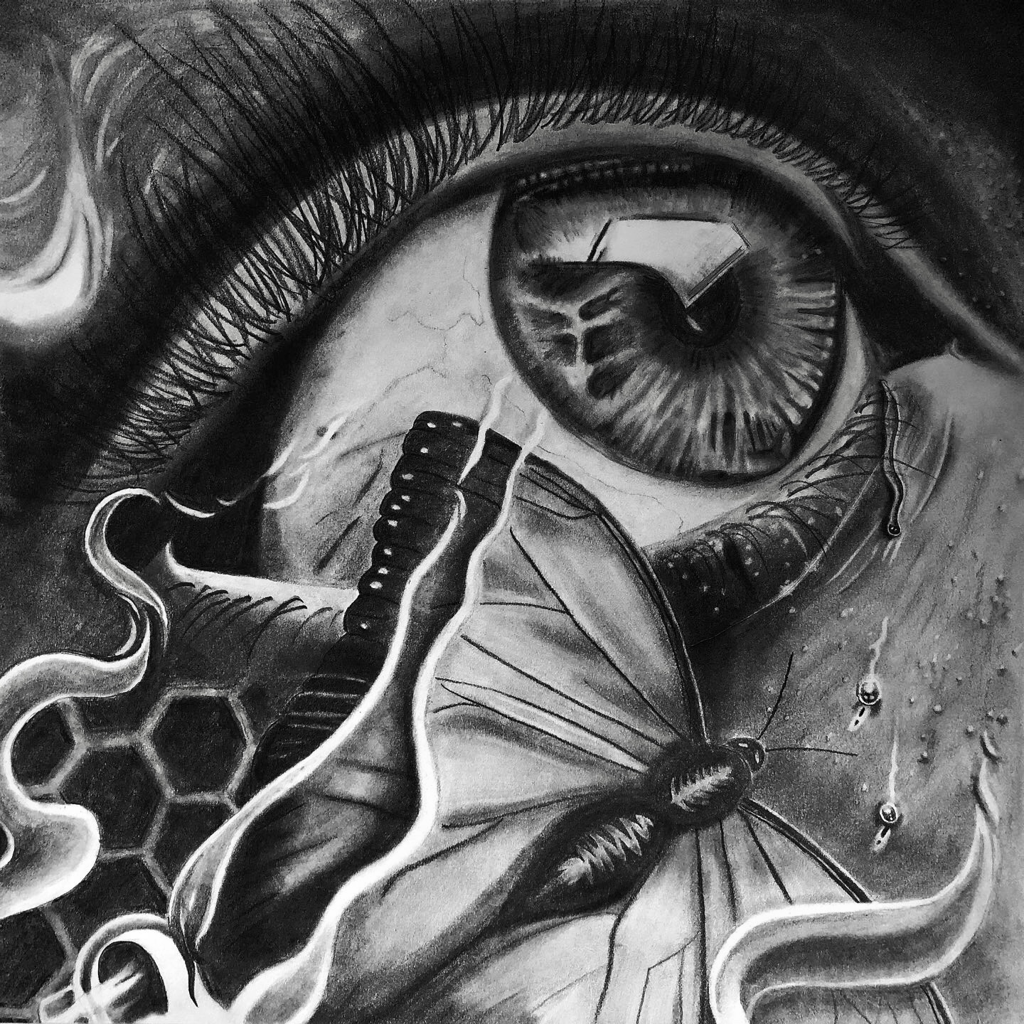 graphite drawing of an eye with water beads rolling down skin with a butterfly on top